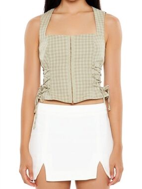 Forever 21 Beige Gingham Lace Up Crop Top